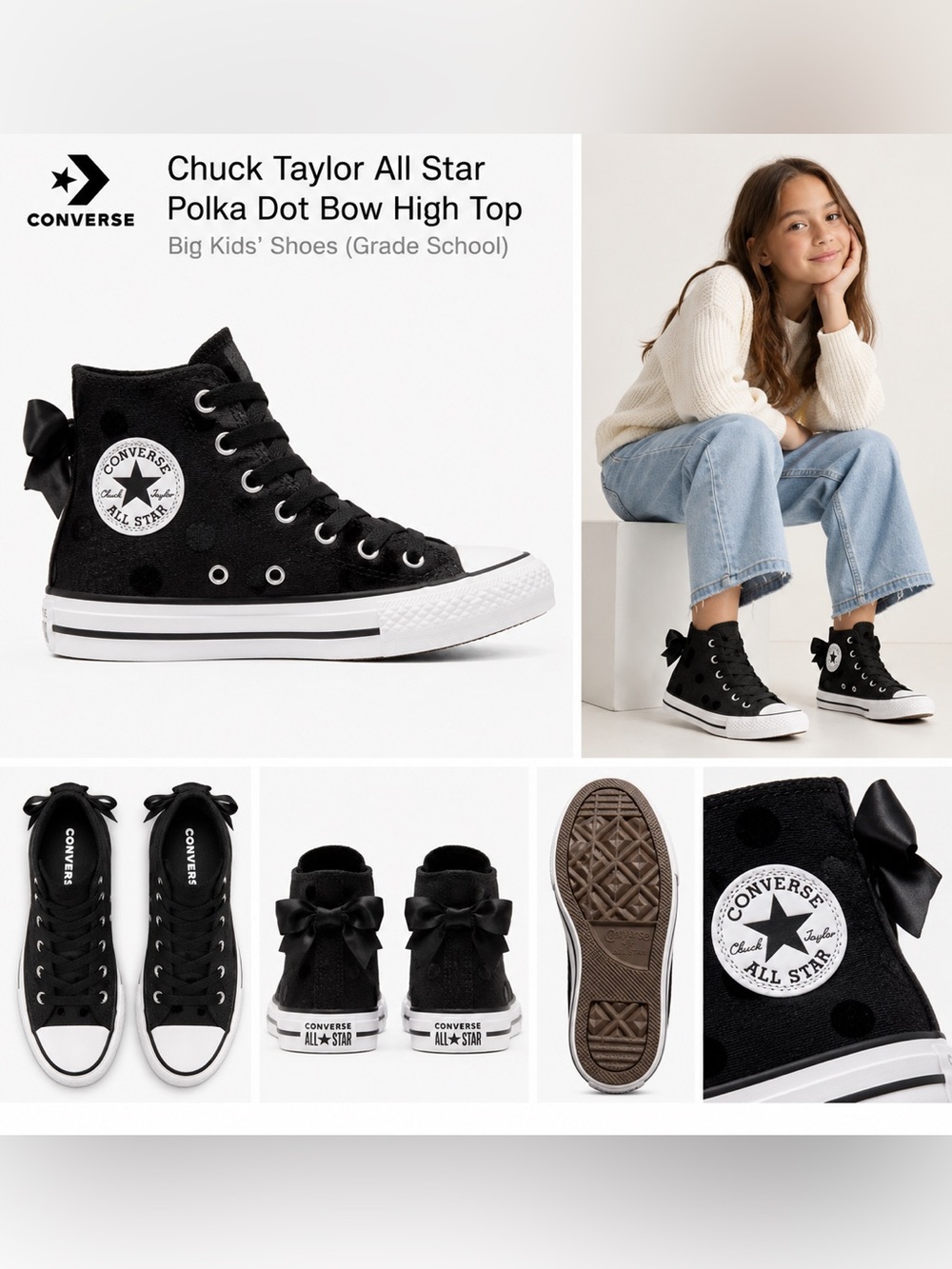 Converse Kids' High Top Sneakers with Bow - Black